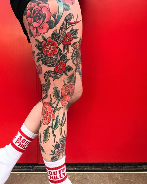 CHELSEA RHEA Traditional Tattoo On Leg, Traditional Tattoo Leg Sleeve, Trad Tattoos, Shin Tattoo, Elbow Tattoos, Leg Tattoos Women, Leg Sleeve Tattoo, Traditional Tattoo Design, Leg Sleeve