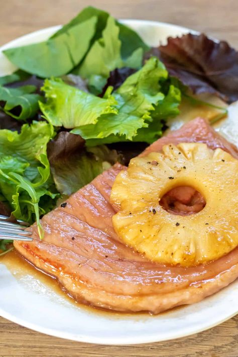 This brown sugar glazed Ham Steak recipe is tasty, easy, and ready in just 10 minutes! The glaze is super easy to make with ingredients you may already have on hand. You can serve glazed ham steaks as an entree or use them in another recipe. Looking for a super quick dinner that the whole... Read More Glazed Ham Steak with Pineapple © You Say Potatoes. Gammon Steak Recipes, Ham Steak With Pineapple, Glazed Ham Steak, Steak With Pineapple, Baked Ham Steak, Super Quick Dinner, Sausage Dinners, Ham Steak Glaze, Brown Sugar Glazed Ham