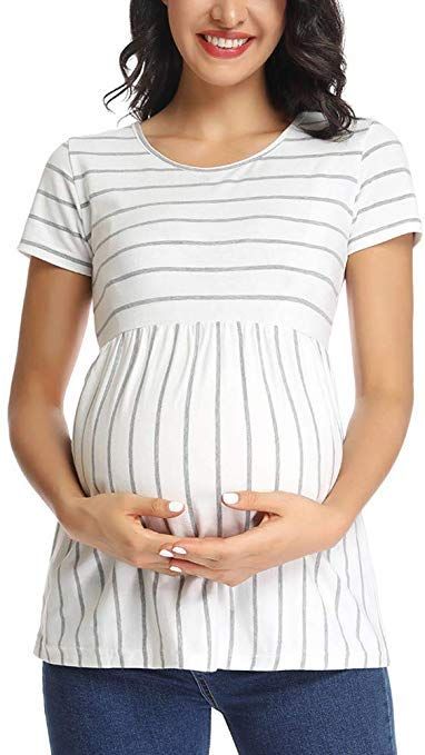 Pregnant Women Fashion, White Maternity Dresses, Maternity Blouse, Maternity Shorts, Round Neck Shirt, Pregnant Woman, Womens Maternity, Pregnancy Shirts, Striped Short