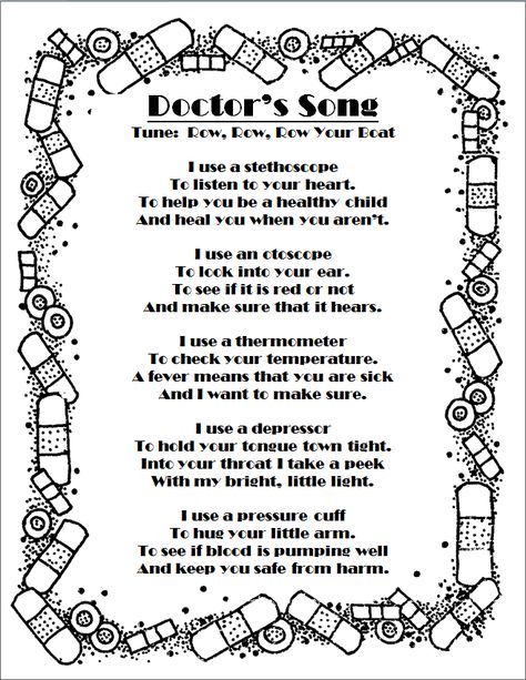 I found the first verse on https://www.pinterest.com/mdeines3/school-ideas/ and made up the rest because I wanted the song to be longer! Doctor's Song, Community Helpers, doctor, nurse Policeman Songs Preschool, Doctor Songs Preschool, Community Helpers Music And Movement, Doctors And Nurses Preschool, Doctor Circle Time Activities, Doctor Lesson Plans Preschool, Community Helpers Preschool Songs, Community Helpers Songs For Toddlers, Songs About Community Helpers