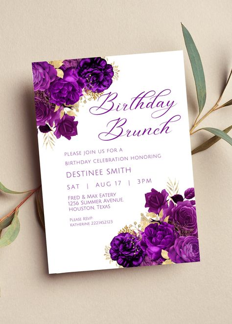 Editable birthday brunch invitation perfect for your next birthday party or birthday get together. This purple and gold floral invitation can be edited yourself using Canva. If you choose to print yourself the print size is 5x7 and can be printed on cardstock invitation paper. You can also have the completed file taken to your local print shop and have them print. Can also be saved as an image to use as a text invitation or email invitation. All the wording is editable. Details: birthday brunch invitation with purple and gold floral design. Use to celebrate all the great milestone birthdays such as 18th birthday 21st birthday, 30th birthday, 40th birthday, 50th birthday, 60th birthday and so on! Can easily be edited to say baby brunch, bridal brunch, and more! HOW IT WORKS: ♥ Once purchase Pink Purple Gold Birthday Party, Purple Brunch Decor, Purple Party Decorations Birthday, Gold And Purple Birthday Decorations, Purple Party Invitations, Birthday Brunch Invitations, Purple And Gold Birthday Party, 57 Birthday, Purple And Gold Birthday