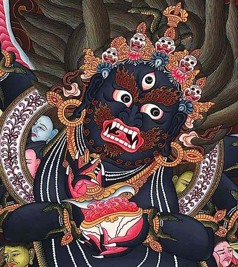 Black Mahakala is the fierce aspect of one of the gentlest of Buddhist Deities, the Compassionate One Avalokitesvara or Chenrezig. Buddhist Mythology, Tibetan Buddha Art, Buddhist Demon Art, Buddhist Symbol Tattoos, Tibetan Tattoo, Tibet Art, Tibetan Thanka, Nepal Art, Manjushri Bodhisattva