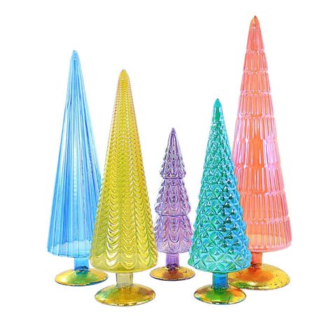 Beautiful Set Of Glass Iridescent Translucent Trees In Colors Of Lavender, Blue, Pink, Yellow And Teal. Each Tree Is Molded With A Different Surface Design.. 18 In H X 5 In W X 5 In D. Purchase includes 5 Glass Trees. Ceramic Trees, Yellow And Teal, Easter Home Decor, Cody Foster, Retro Christmas Tree, Easter Garland, Colorful Christmas, Decorative Sculpture, Easter Tree