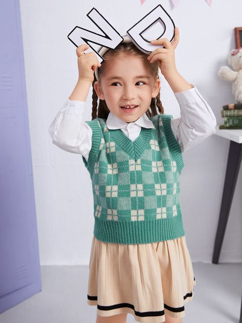 Multicolor Preppy  Sleeveless Acrylic Plaid Pullovers Embellished Slight Stretch Spring/Fall Toddler Girls Clothing Pattern Sweater Vest, Plaid Pullover, Toddler Fall, Pattern Sweater, Toddler Girl Outfits, Girls Sweaters, Girls Clothing, Toddler Girls, Plaid Pattern