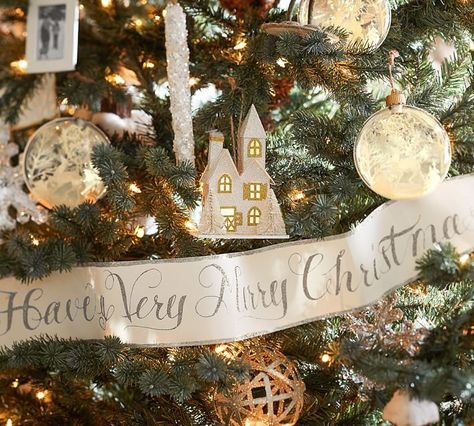 Fixer Upper Christmas Decor: sharing Joanna's favorite Christmas decor | www.theharperhouse.com Barn Christmas Tree, Paper Garland Christmas, Fixer Upper Christmas, Christmas Tree Banner, Pottery Barn Christmas Tree, Pottery Barn Christmas Decor, Pottery Barn Christmas, Merry Christmas Banner, Christmas Entertaining