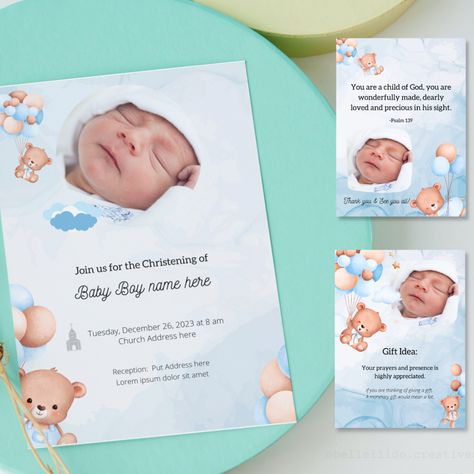 Blue Bear Balloon Theme Christening Baptism Invitation Editable Invitation Canva Editable Template Baptismal Invitation Layout, Baptism Invitations For Boys, Invitation Layout Design, Christening Themes, Baptism Invitation For Boys, Baptism Themes, Christening Invitations Boy, Baby Boy Invitations, Baby Boy Bear