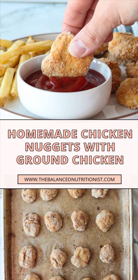 Make your own homemade chicken nuggets with ground chicken! They are baked in the oven, which makes them healthier and lower in carbs than the fried kind. This recipe for ground chicken nuggets is simple and gives you tasty chicken nuggets that are good for you. Ground Chicken Nuggets Recipe, Chicken Nuggets With Ground Chicken, Ground Chicken Nuggets, Homemade Baked Chicken Nuggets, Veggie Chicken Nuggets, Homemade Chicken Nuggets Baked, Kids Chicken Nuggets, Nugget Recipes, Seasoned Bread