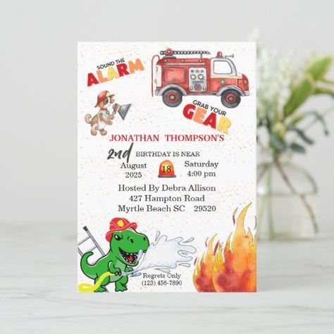 Cute Dinosaur Birthday, Dino Party Invitation, Firefighter Party, Fire Truck Party, Fireman Birthday, 5th Birthday Party, Dinosaur Birthday Invitations, Firetruck Birthday, 2nd Birthday Party