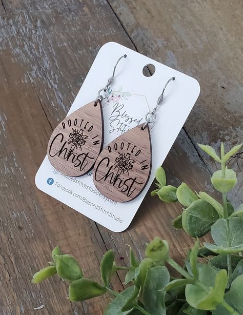 Rooted in Christ Earrings, Christian Cross Jewelry, Wood Faith Dangle, Religious Earring, Bible Verse, Christian Gifts, Easter Earrings by BlessedStitchStudio on Etsy Christian Crafts To Sell, Psalm 1 3, Bible Jewelry, Streams Of Water, Laser Engraved Earrings, Rooted In Christ, Colossians 2, Engraved Earrings, Easter Earrings