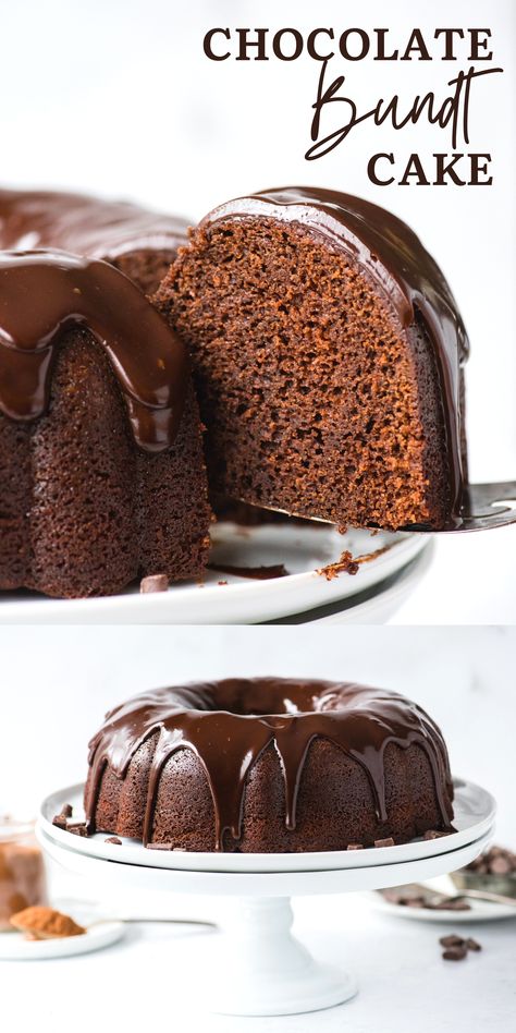 Prep this 10 ingredient chocolate bundt cake in 15 minutes! Chocolate bundt cake is fudgy, moist, and drizzled with a shiny 3 ingredient chocolate glaze that doesn’t crack! #chocolatebundtcake #bundtcake #chocolatecake Icing For Chocolate Bundt Cake, Chocolate Bundt Cake Frosting, Chocolate Drizzle For Cake, Chocolate Bundt Cake Recipes, Chocolate Bundt Cake Recipe, Chocolate Ganache Glaze, Easy Bundt Cake, Chocolate Bundt, Bundt Cake Recipe