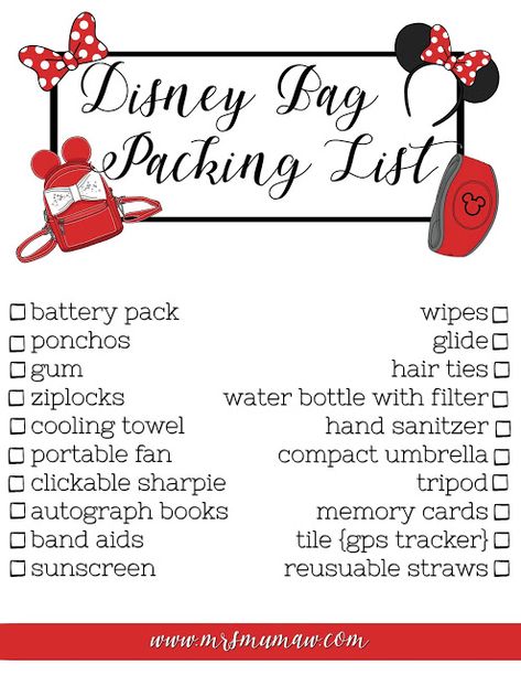 Disney Day Bag Checklist, Disney Day Pack List, Disney Trip Essentials Packing Lists, Disney Weekend Trip Packing, Disney Goodie Bags For Trip, Disney World Vacation Shirts, What To Pack To Disneyland, Disneyland Day Bag, Disney Trip Planning Packing Lists