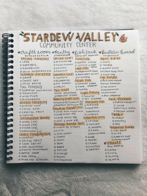 Gaming Journal, Stardew Valley Layout, Stardew Valley Tips, Stardew Valley Farms, Bullet Journal Cover Ideas, Community Center, Terraria, Harvest Moon, Stardew Valley