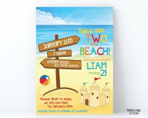 Take Me TWO the Beach Invitation, Beach Birthday Invitation, Beach Bash Invite, Beach Ball, Sand Castle, Wood Sign, Surf Birthday Invite - Etsy Australia Beach Themed Birthday, Beach Birthday Invitations, Surf Birthday, Beach Invitations, Beach Bash, Beach Birthday Party, Personalized Banners, Beach Birthday, Tent Cards