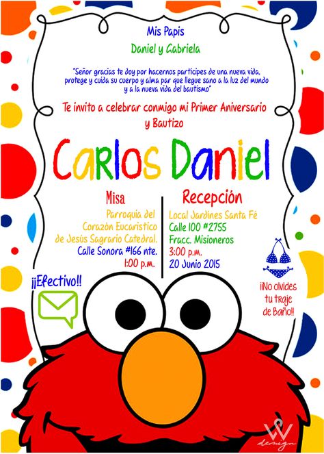 Invitación Carlos Daniel Elmo And Friends, Sesame Street Birthday, Sesame Street, 1st Birthday, Potato, Snoopy, Happy Birthday, Birthday Party, Baby Shower