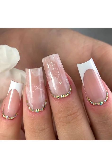 French Tip Press on Nails White Medium Square Fake Nails with Pink Marble Design Acrylic Gel Glue on Nails for Wedding Birthday Stick on Nails with Glue Manicure False Nails for Women 24Pcs Pink Coffin, Red And White Roses, Manicure Tips, Coffin Press On Nails, Nails Set, Nail Supplies, Ballerina Nails, Fake Nail, Lace Up Wedges