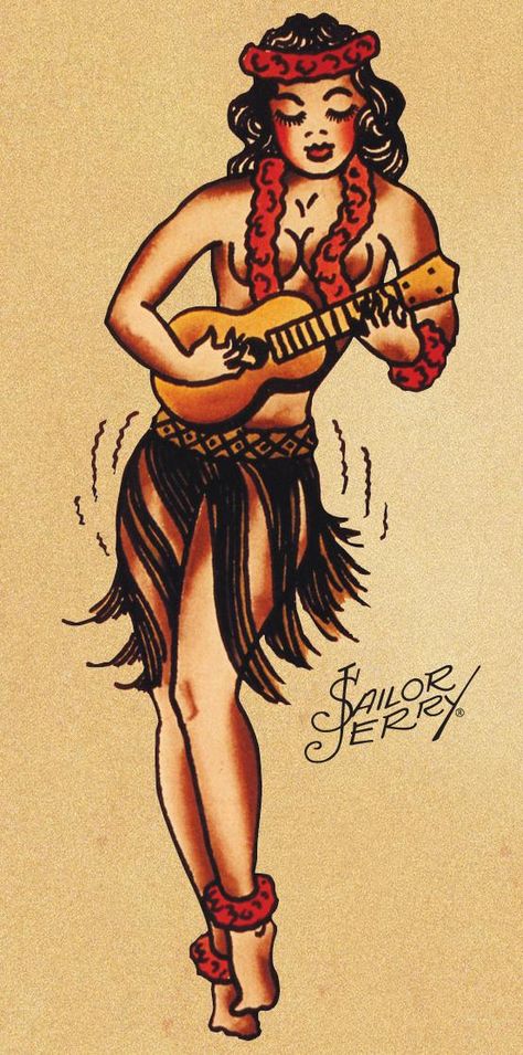 Sailor jerry Hula Girl Tattoos, Sailor Jerry Flash, Sailor Jerry Tattoo Flash, Hawaiian Tattoos, Hawaii Tattoos, Badass Girl, Sailor Tattoos, Sailor Jerry Tattoos, Tiki Statues