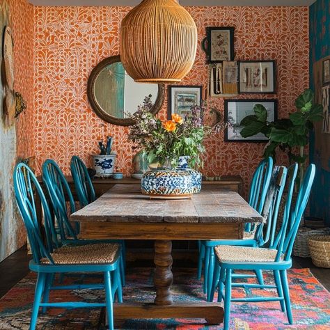 Rustic meets modern with a whole lot of boho charm in our dining room! 🌿✨ Mismatched chairs, bold patterns, and that light fixture make every meal feel like a special occasion. #EclecticDiningRoom #BohoChic #BoldWallpaper #RusticDecor #DiningRoomGoals #VintageVibes #HomeDecorInspiration #ModernBoho #BohemianStyle #InteriorDesignInspo Dining Table Mismatched Chairs, Table Mismatched Chairs, Moroccan Dining Room, Moroccan Dining, Rustic Meets Modern, Bohemian Dining Room, Mismatched Chairs, Eclectic Dining Room, Bold Wallpaper