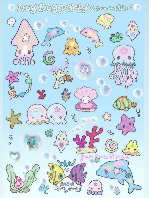 Clay Beach Ideas, Squid Drawing Cute, Fishing Doodles, Sea Animal Doodles, Sea Creature Doodles, Kawaii Sea Creatures, Under The Sea Cartoon, Sea Animal Stickers, Emo Stickers