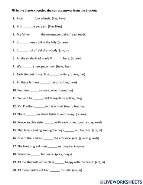 Subject-Verb Agreement online worksheet for Grade 5. You can do the exercises online or download the worksheet as pdf. Subject Verb Agreement Worksheet Grade 4, Subject Verb Agreement Worksheet, Subject Verb Agreement Activities, Adjectives Lesson, Homophones Worksheets, Transitive Verb, Greatest Common Factors, Reading Comprehension For Kids, English Quiz