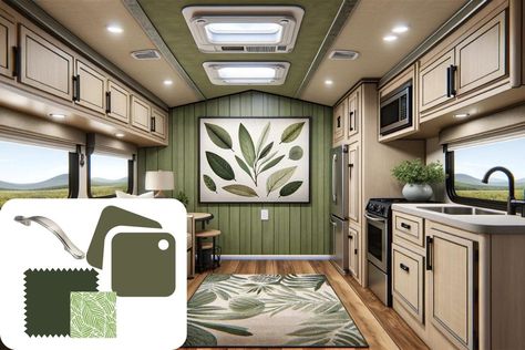 10 Chic RV Color Schemes for your Camper Remodel Interior Rv Paint Ideas, Green Rv Interior, Rv Color Schemes Rv Makeover, Camper Color Scheme, Camper Makeover Color Schemes, Rv Interior Color Schemes, Rv Color Schemes, Interior Paint Ideas, Camper Remodel Ideas