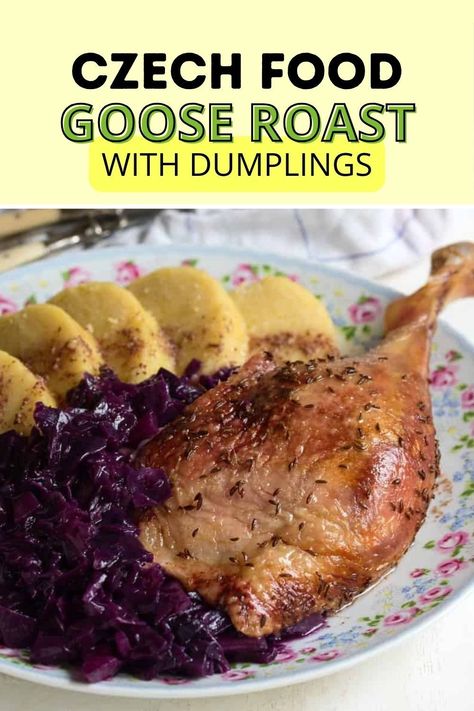 Enjoy the recipe for goose slow roasted in the oven. Serve with potato dumplings and red cabbage. One of the cherished Czech recipes. Czech Dumplings, Czech Republic Food, Roast Goose Recipes, Czech Clothing, Roasted Goose, Bohemian Food, Balkan Recipes, Roast Goose, Ibs Friendly Food