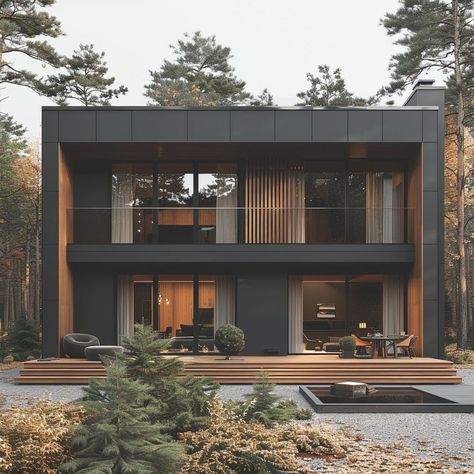 Modern House In The Woods Exterior, Loft House Exterior, Modern Industrial House, Industrial House Exterior, Modern Wooden House, Modern Mountain House, Wooden House Design, Apartment Exterior, Small Wooden House