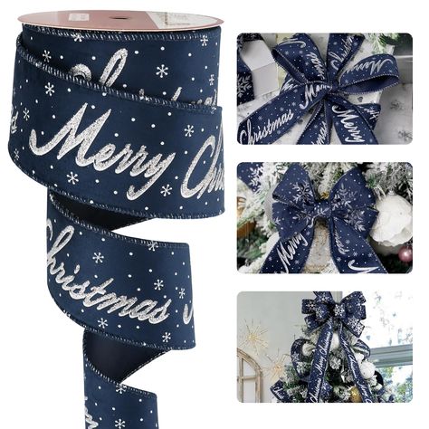 PRICES MAY VARY. Pattern Designs: This Christmas ribbon with glitter silver word "Merry Christmas" print on navy blue velvet ribbon, ideal for crafting bows, decorating trees, and adding a touch of enegant and luxury to your Christmas holiday projects Size and Package: This Christmas wired ribbon measures 2.5 inch wide and 10 yards (30 feet ) continuous long each roll, can be used for a variety of holiday projects Material: Ribbon features a velvet texture from metallic threads woven throughout Blue Christmas Tree Decorations Ideas, Navy Blue And Gold Christmas Decor, Blue Xmas Decorating Ideas, Blue Christmas Ribbon, Ribbon For Tree, Tree Top Bow, Navy Blue Christmas, Blue Christmas Tree Decorations, Blue Velvet Ribbon