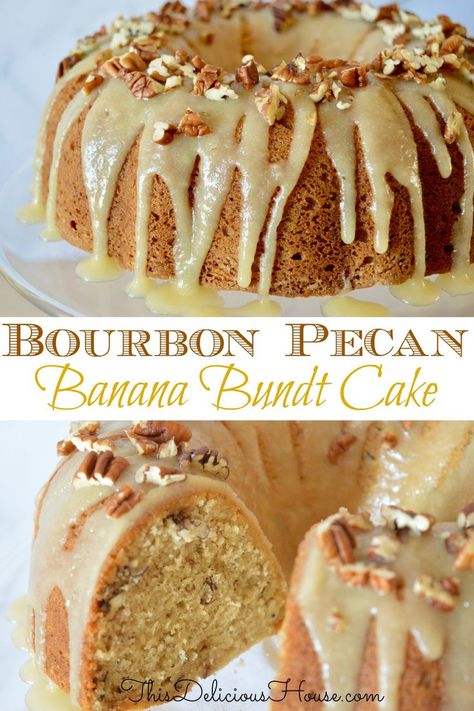 Bourbon Pecan Banana Bundt Cake with a Bourbon Butter Glaze! So moist and delicious, it's the best way to use up those ripe bananas! #bourbonpecan #bananabundtcake Bourbon Butter, Banana Bundt Cake, Banana Bundt, Butter Glaze, Bourbon Glaze, Bundt Cake Pan, Ripe Bananas, Bundt Cakes Recipes, Think Food