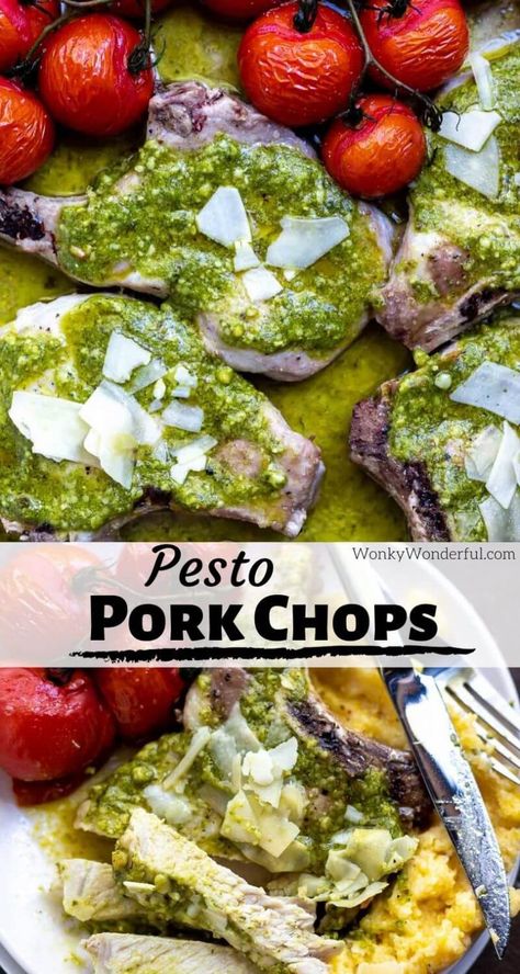 For a quick and easy dinner, make this Oven Baked Pesto Pork Chops Recipe. Tender pork chops smothered with flavorful pesto then topped with parmesan cheese. These chops are great budget friendly dinner idea. #sheetpandinner #porkchopsrecipe #pestoporkchops #bakedporkchops #porkchops #ketorecipes #lowcarbrecipes #pestorecipes #easydinnerrecipes #dinnerrecipes Healthy Baked Pork Chops, Creamy Pesto Pork Chops, Pesto Pork Chops Baked, Pesto Pork Chops, Oven Bakedporkchops, Pesto Lamb Chops, Pork Chops Smothered, Baked Boneless Pork Chops, Pan Pork Chops