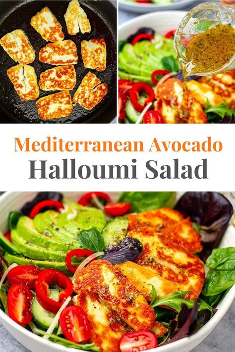 This healthy and delicious avocado halloumi salad with a Mediterranean dressing of lemon, honey and oregano has become my go-to salad for a satiating lunch or dinner. It's gluten-free, vegetarian and low-carb friendly. A must-try halloumi cheese recipe! via @irena_macri Avocado Halloumi, Halloumi Avocado, Halloumi Cheese Recipes, Mediterranean Dressing, Halloumi Recipes, Cooking Halloumi, Haloumi Recipes, Halloumi Cheese, Halloumi Salad