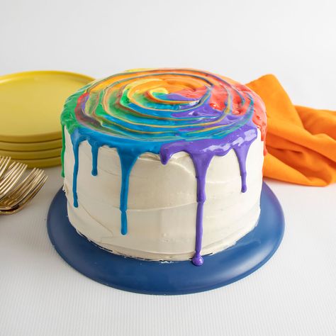 Rainbow Drip Tie-Dye Cake | Ready Set Eat Tie Dye Drip Cake, Rainbow Tie Dye Cake, Cake Frosting Tips, Tie Dye Cake, Frost Cupcakes, Ready Set Eat, Easy Frosting, Cold Cake, Frosting Colors