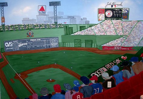 Fenway Park - Famous landmark of Boston from the Citgo Sign to the Red Sox's dug out  Murals by Cricketseye Art Studio cricketseye.com Fenway Park Painting, Red Sox Room, Citgo Sign, Art Paint Party, Park Painting, Red Sox Game, Sky Line, Dug Out, Green Monster