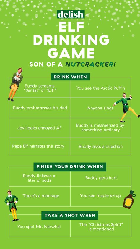 This 'Elf' Drinking Game Will Get You As Lit As Your Christmas Tree Delish Elf Drinking Game, Games For 3 People, Drinking Games For 3, Christmas Drinking Games, Movie Drinking Games, Netflix Games, Christmas Party Games For Adults, Alcohol Games, Drinking Games For Parties