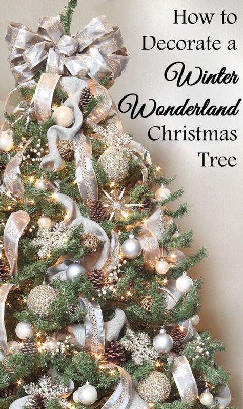 Create a Winter Wonderland Christmas tree with these gorgeous silver, white, and gold decorations. Christmas Tree Inspiration Red And Gold, Winter Wonderland Christmas Tree, Wonderland Christmas Tree, Decorate Christmas Tree, Decorate Christmas, Silver Christmas Decorations, Pillow Blanket, Silver Christmas Tree, Winter Tree