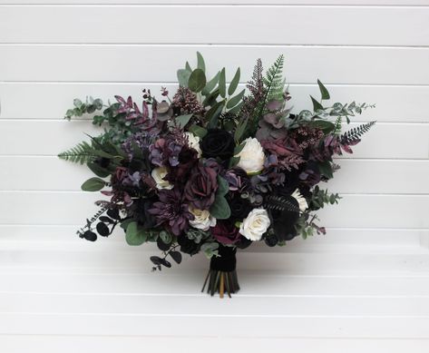 Deep Purple Black Ivory Green Bouquet Bridal Flowers Faux Bouquet Fall Wedding Wedding Silk Flowers Halloween Wedding Bridesmaid Bouquet - Etsy Moody Cascade Bouquet, Purple And Black Wedding Table Decor, Purple Green Fall Wedding, Dark Jewel Tone Bouquet, Moody Plum Wedding, Halloween Bridal Bouquet, Dark Academia Wedding Bouquet, Witchy Wedding Flowers, Dark Purple Bridal Bouquet