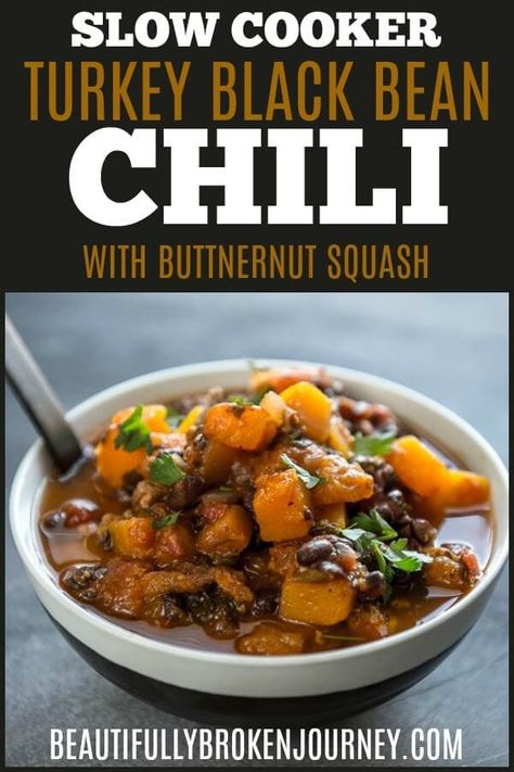 This Slow Cooker Turkey Black Bean Chili with Butternut Squash is an easy recipe that is an excellent way to incorporate more veggies into your diet!rn#slowcooker #turkeychili #chili #slowcookerchili Chili With Butternut Squash, Butternut Squash Chili Recipe, Crispy Shredded Chicken, Butternut Squash Chilli, Turkey Black Bean Chili, Healthy Chili Recipe Turkey, Squash Chili, Chili Recipe Healthy, Butternut Squash Chili