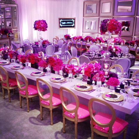 Kelly Dooley Reception SLS Hotel, #SayYestotheDress TLC special Aboutdetailsdetails.com WhiteLilac Inc Bas Mitzvah, Mirrored Walls, Fuschia Wedding, Wedding Present Ideas, Prom Themes, Hot Pink Weddings, Purple Table, Sweet 16 Decorations, Red Bouquet Wedding