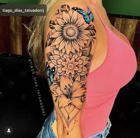 Sunflower Arm Tattoos For Women, Tattoo Ideas Female Half Sleeve, Unique Sunflower Tattoo, Momma Tattoo, Sunflower Mandala Tattoo, Tattoos On Arm, Micro Tattoo, Butterfly Tattoos On Arm, Tattoo 2022