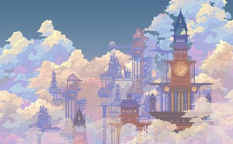 Dreamscapes Aesthetic, City In The Clouds, Background Pixel, Trash Collector, Pixel Art Landscape, Pixel Game, Pixel Art Background, Cloud City, Pixel Art Tutorial