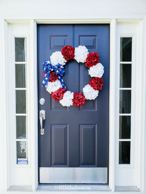 DIY Patriotic Wreath for the 4th of July | Home Decor | Stars & Stripes | Flowers | Pretty Wreath - Little Blonde Mom Diy Patriotic Wreath, 4th Of July Home Decor, July Home Decor, Blonde Mom, Diy Summer Decor, Flowers Pretty, July Wreath, Fourth Of July Decor, Pretty Wreath