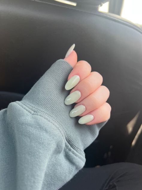 March Nails Solid Color, Pastel Sage Green Nails, Green Nails Sage, Sage Green Crome Nails, Green Milky Nails, Celadon Green Nails, Sage Pedicure, March Nail Inspo Aesthetic, Green Nails Pastel