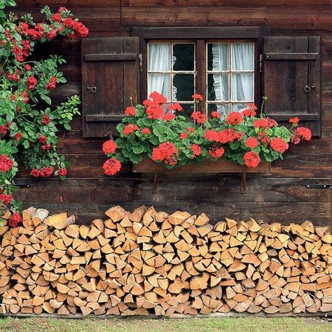 Cabin Gruyeres Switzerland, Swiss House, Swiss Chalet, Alpine Style, Cabin Exterior, Red Geraniums, Cottage Cabin, Garden Windows, Cabins And Cottages