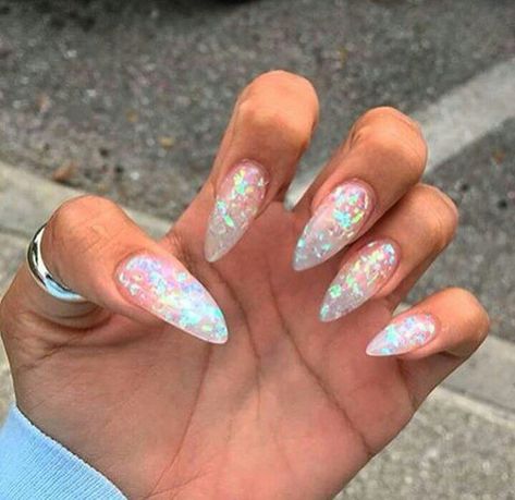 Iridescent specked almond acrylic nail design Irridescent Nails, Iridescent Nails, Acrylic Nails Natural, Almond Acrylic Nails Designs, Long Stiletto Nails, Pink Glitter Nails, Almond Nails Designs, Almond Acrylic Nails, Best Nail Art Designs