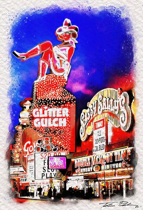 Vegas Drawing, Vegas Painting, Glitter Gulch, Las Vegas Painting, Vegas Gambling, Mixed Media Watercolor, Las Vegas Gambling, Vintage Vegas, Poppin Bottles