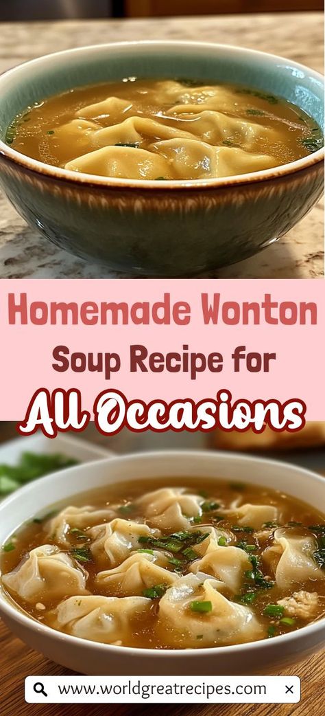 Dive into the heartwarming experience of homemade wonton soup, a beloved dish that marries a rich, savory broth with tender dumplings. This easy-to-follow recipe guides you through crafting delightful wontons filled with ground pork, fresh ginger, and green onions. Perfect for chilly evenings or cozy family dinners, this traditional wonton soup will transport your tastebuds to your favorite Asian restaurant. Asian Wonton Soup, Simple Dumpling Soup, Best Wonton Recipe, Wonton Dumpling Soup, Best Wonton Soup Recipe, Recipes With Wontons, Won Ton Soup Recipe Easy, Wonton Soup Broth Recipe, Easy Wonton Soup Recipe