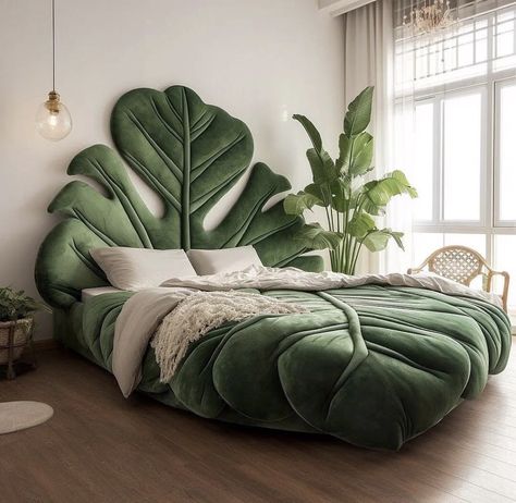 Green Bed Ideas, Whimsy Interior, Leaf Bedroom Decor, Funky Bed, Art Deco Bedroom Ideas, Cool Bed Frames, Unique Headboard Ideas, Bed Frame Ideas, Unique Bed Frames