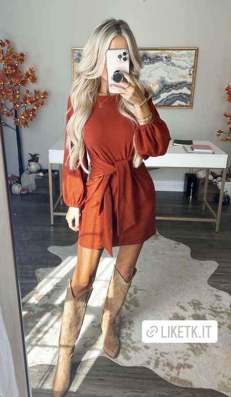 Fall Dresses With Cowboy Boots, Dress With Cowboy Boots, Dresses With Cowboy Boots, Nyc Outfits, Cold Weather Fashion, Fall Outfits For Work, Cute Fall Outfits, Todays Outfit, Thanksgiving Outfit