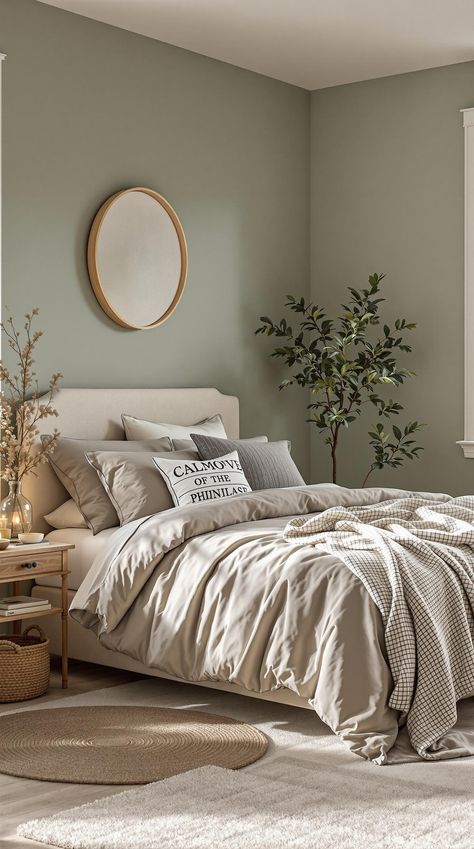 Sage Green Farmhouse Bedroom Green Master Bedrooms Decor Farmhouse, Sage Green Bedrooms Ideas, Grey And Sage Green Bedroom, Tan And Green Bedroom, Sage Bedroom Decor, Light Sage Green Bedroom, Grey And Green Bedroom, Grey And Green Bedroom Ideas, Sage Bedroom Ideas