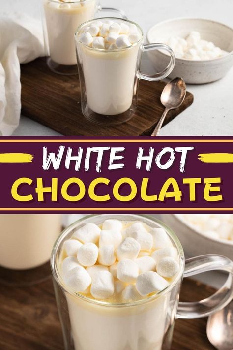 This white hot chocolate is guaranteed to warm you up on a chilly evening! Made with white chocolate chips in lieu of cocoa powder, this recipe is a guaranteed hit! Alcoholic Hot Chocolate Recipes, Hot Chocolate Homemade, Alcoholic Hot Chocolate, White Chocolate Cocoa, White Hot Chocolate Recipe, Chocolate Homemade, White Chocolate Bar, Hot Chocolate Recipe, White Hot Chocolate