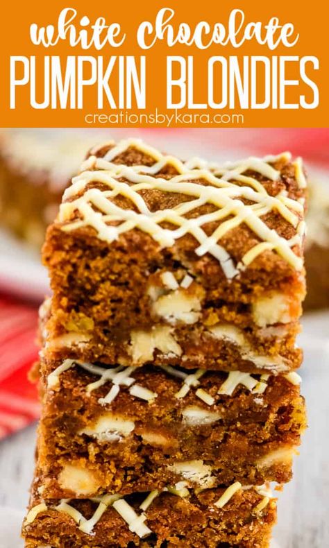 White Chocolate Chip Pumpkin Bread, Pumpkin Blondies Recipe Easy, Pumpkin Blondies, Pumpkin White Chocolate Chip Bars, Pumpkin White Chocolate, Pumpkin Chocolate Chip Blondies, Pumpkin Blondie Brownies, Pumpkin Spice White Chocolate Muffins, Pumpkin White Chocolate Chip Blondies